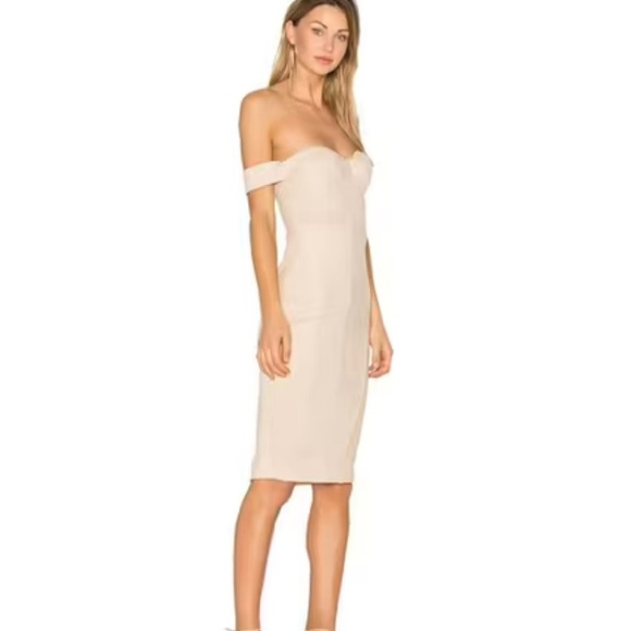 Misha Elegant Off-Shoulder Dress in BUFF - Picture 1 of 6